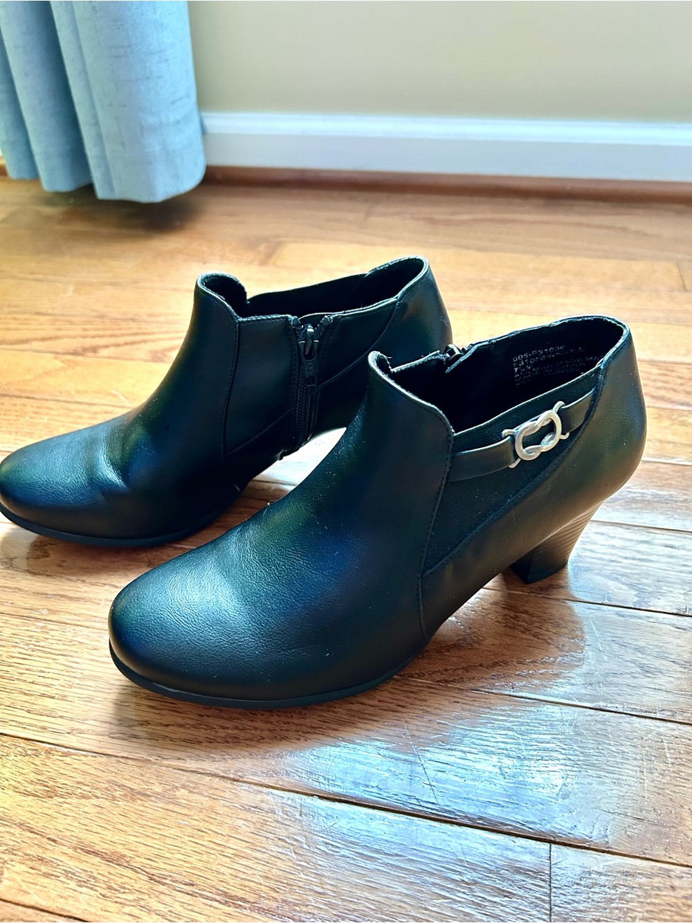 Black Low-Heel Ankle Booties with Silver Buckle Accent